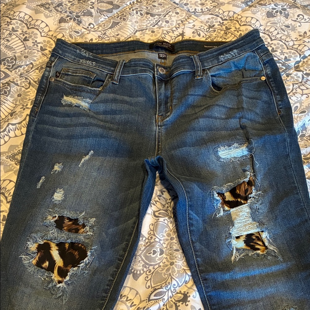 Judy Blue Dark Blue Skinny Jeans with Leopard Patch